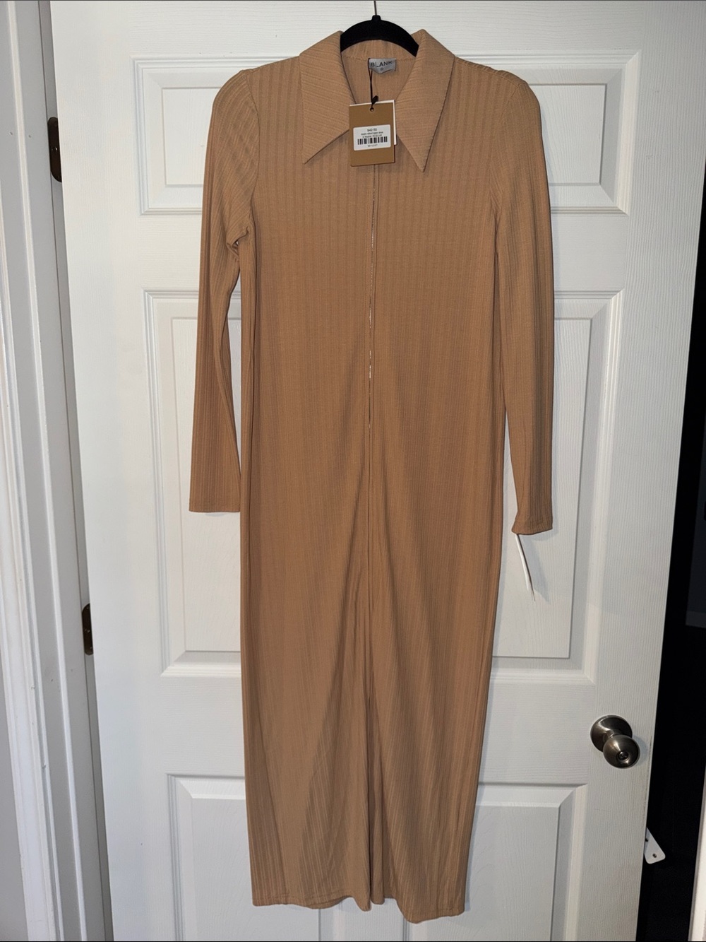 Blank NYC Camel Ribbed Zip-Front Long Jumpsuit